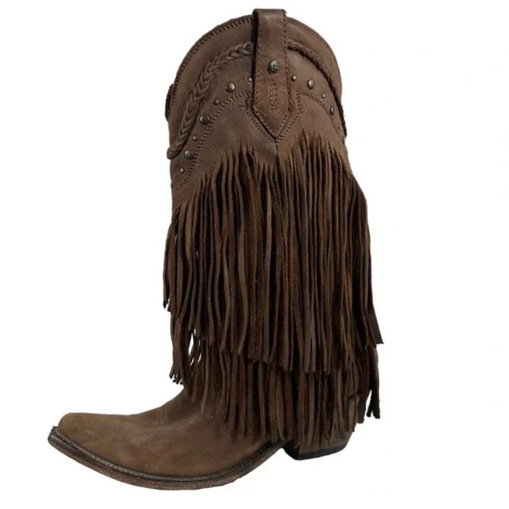 Liberty cowboy boots fringe brown leather pointed toe heeled western distressed